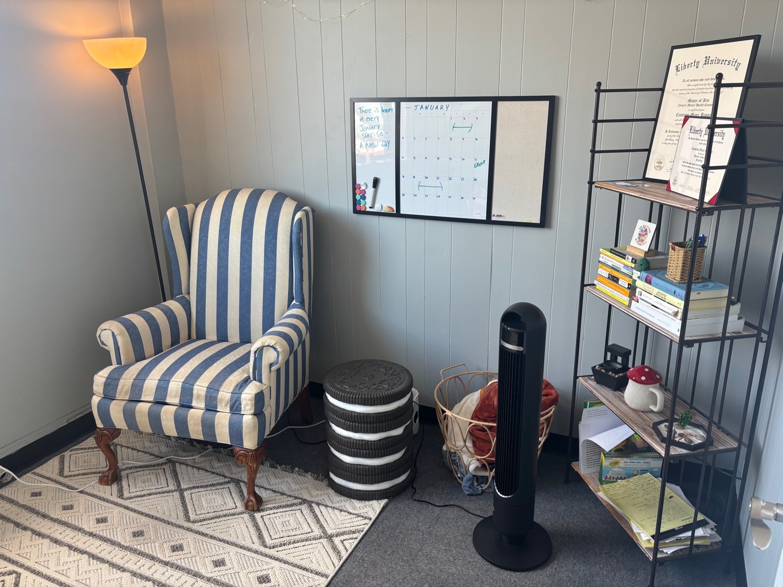 Counseling room chair and bookshelf